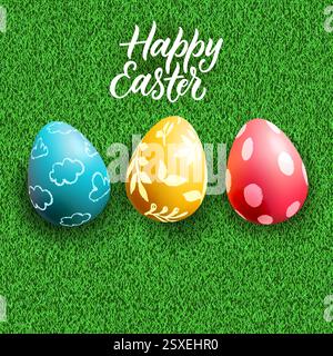 Ostern Banner, Poster, Grußkarte Hintergrund. Bunte 3D-Eier mit handgemaltem Muster und handgezeichnetem Kalligrafie-Schriftzug auf grünem Rasen. Stock Vektor