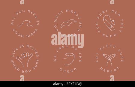 Rundumabzeichen über Welle, Surfbrett, Geste, Hand, Seagall, Zitat. Einfache Symbole mit Text für Surf Camp, Club Merch, Sticker Vorlage. Stock Vektor