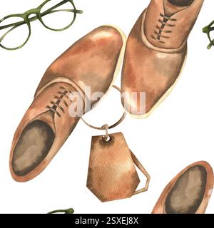Modisches, nahtloses männliches Muster mit braunen Lederschuhen und grünen Gläsern. Handgezeichnete Herren und Hipster-Hintergrund mit Schuhen Stockfoto