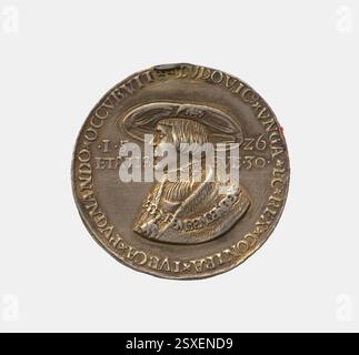 Ein silbernes Medaillon aus dem Jahr 1526, das Ludwig II., König von Ungarn, und seine Frau Maria darstellt, geschaffen von Michael Hohenauer mit alter Feuervergoldung. Stockfoto