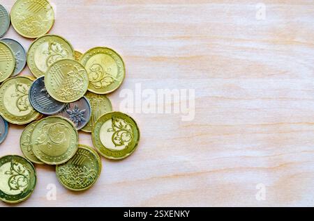 Draufsicht der goldenen Münzen mit anpassbarem Platz für Text. Konzept für Kopierbereich Stockfoto