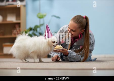 Junge Frau mit langen Haaren, die rosa Creolen trägt, feiert Geburtstag eines flauschigen weißen kleinen Hundes mit Geburtstagshut auf dem Kopf, während sie Cupcake präsentiert Stockfoto