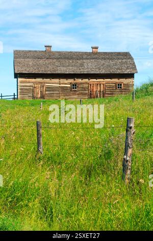 Kleines, altmodisches Haus mit einem Strohdach auf einem Grasfeld. Das Haus ist von einem Holzzaun umgeben Stockfoto