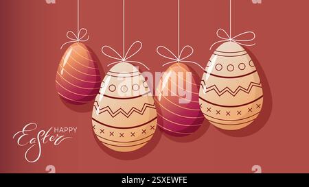 Happy Easter Grußkarte. Osterei mit Ornament-Muster, vor dem Hintergrund und Handschrift Osterwort verziert. Horizontal Stock Vektor