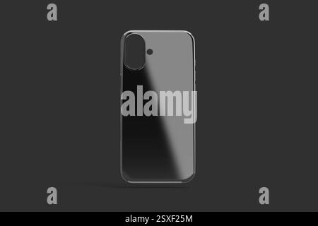 Leeres schwarzes Modell der Handyhülle in Hochglanz, dunkler Hintergrund, 3D-Rendering. Leerer Kunststoffschutz für Handymodell, Vorderansicht. Neue sl löschen Stockfoto