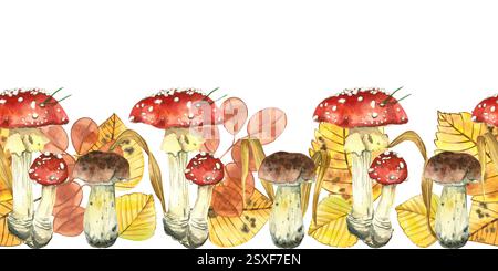 Pilze, Fliegenpilze, Stachelpilze und Herbstblätter, alle Objekte sind handgezeichnet in Aquarellen, isoliert auf weißem Hintergrund. Nahtlos Stockfoto