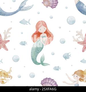 Nahtloses Aquarellmuster mit Meerjungfrauen, Fischen, Delfinen, Walen, Seepferdchen, und Meereselemente. Nautischer Hintergrund für Kinder, die Papier oder Textilien für Kinder einpacken. Illustration oder nautisches Ornament. Stockfoto