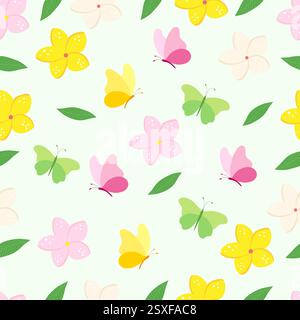 Sommermuster mit tropischen gelben, rosa Blüten, Schmetterlingen und grünen Blättern. Vektorabbildung Stock Vektor