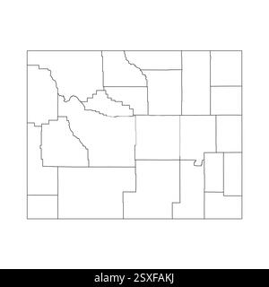 Wyoming, WY – detaillierte politische Karte des US-Bundesstaates. Administrative Karte unterteilt in Bezirke. Dünne leere schwarze Umrisskarte. Vektorabbildung Stock Vektor
