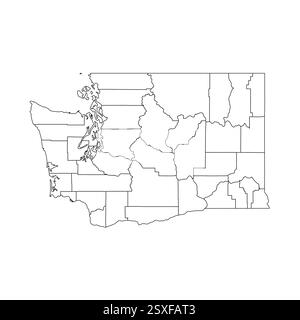 Washington, WA - detaillierte politische Karte des US-Bundesstaates. Administrative Karte unterteilt in Bezirke. Dünne leere schwarze Umrisskarte. Vektorabbildung Stock Vektor