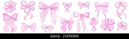 Niedliche rosa Coquette Bow Knoten isoliert auf weiß. Handgezeichnete Girly Bögen Briefschreiben Schreibwaren. Trendige feminine romantische Ikonen für Hochzeitsfeier, Feiertag, Party Dekoration, Geschenk, Geschenk Konzept. Stock Vektor