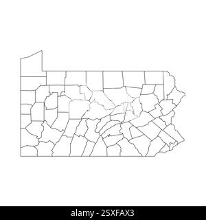 Pennsylvania, PA – detaillierte politische Karte des US-Bundesstaates. Administrative Karte unterteilt in Bezirke. Dünne leere schwarze Umrisskarte. Vektorabbildung Stock Vektor