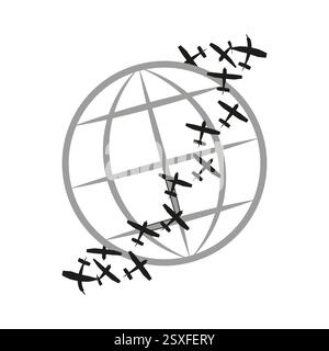 Flugzeuge rund um den Globus. Globales Luftfahrtkonzept. Schwarz-weiß-Vektor. Symbol für das Flugnetzwerk. Stock Vektor