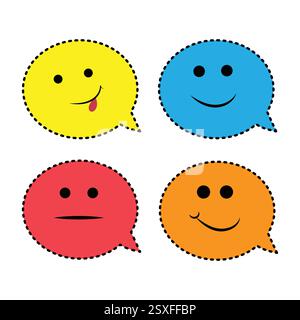 Niedliches Emoji-Sprach-Bubble-Sticker-Set. Bunte Chat-Bubble-Gesichter mit lustigen Ausdrücken. Digitaler druckbarer Vektor für soziale Medien, Nachrichten und Dekor Stock Vektor