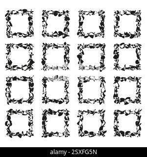 Abstrakte schwarze Rahmen. Geometrische künstlerische Grenzen. Raue dekorative Kanten. Moderne Formen in Distress. Stock Vektor