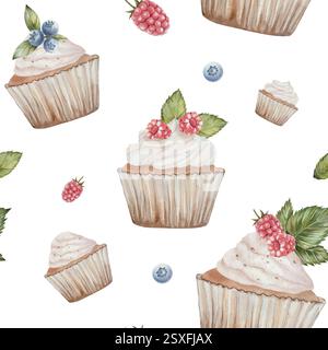 Aquarell-Cupcakes nahtloses Muster mit Heidelbeeren, Heidelbeeren und Himbeeren. Handgezeichnet mit Aquarellen, isoliert auf weißem Hintergrund. Für Menügestaltung, Textilien, Karten Stockfoto