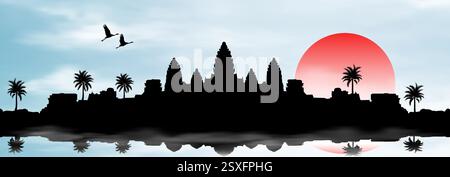 Die sehr alte Stadt Angkor Wat bei Sonnenuntergang. Buddhistischer Tempelkomplex. Historisches Wahrzeichen. Kambodscha. Stock Vektor
