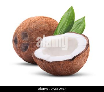 Kokosnüsse und grüne Blätter isoliert auf weiß Stockfoto