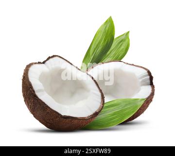 Kokosnüsse und grüne Blätter isoliert auf weiß Stockfoto