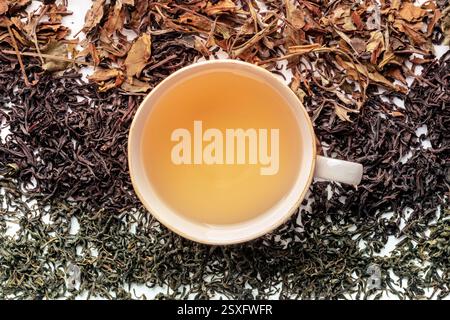 Lose Teeblätter und eine Tasse Tee. Schwarze, grüne und weiße Tees in Stapeln, über dem Kopf flacher Lay Shot Stockfoto