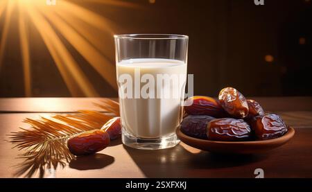 Ein Glas Milch neben frischen Datteln sorgt für einen perfekten iftar-Moment bei Sonnenuntergang. Stockfoto
