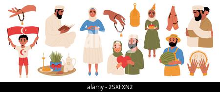 Gruppe von Menschen während traditioneller muslimischer Feiertage. Atatürk, Wassermelonen- und Novruz-Festival, Henna-Nacht, Ramadan Mubarak-Feier, Geburtstag, Kinder Stock Vektor