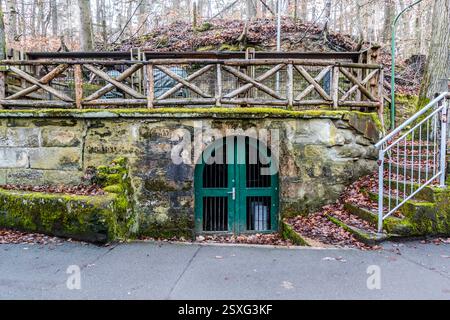 Eine Steinstruktur auf einem in den Felsen gehauenen Bierkeller verfügt über eine dunkelgrüne Bogentür mit Metallstangen und einem Holzzaun darüber. Blätter bedecken die Stufen, die zum Eingang führen. Auf den Kellern, Forchheim, Bayern, Deutschland Stockfoto