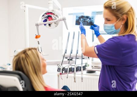 Die Zahnärztin untersucht mit ihrem Patienten ein Röntgenbild von Kiefer und Zähnen. Stockfoto
