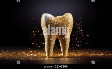 Eine goldene Zahnskulptur glitzert und symbolisiert die Schönheit der Zahnhygiene. Stockfoto