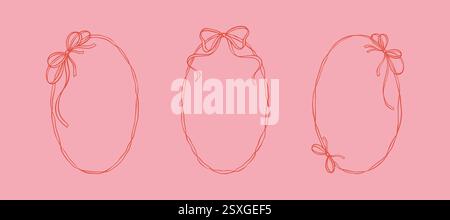 Set aus ovalen, eleganten Schleifenbändchen. Kokettische handgezeichnete Doodle Line Art Illustration. Französischer Stil. Italienisches la Dolce vita-Designelement. Whimsic Stock Vektor