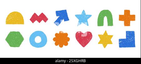 Set aus farbenfrohen geometrischen Figuren im handgezeichneten Skizzenstil. Strukturierte Formen mit Kreidestift oder Buntstift. Vektorillustration isoliert auf einem weißen Hintergrund Stock Vektor