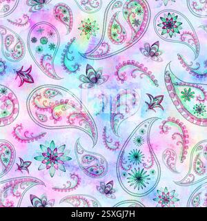Abstraktes, nahtloses Vintage-Muster mit orientalischem Paisley-Muster. Aquarell handgezeichnet blaue marineblaue Textur auf mehrfarbigem Hintergrund. Farbenfrohe PR Stockfoto