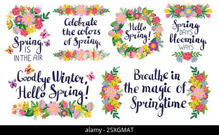 Niedliche Sammlung von Frühlingsbeschriftungen für Karten oder Poster mit bunten Blumenkompositionen, Kränzen, Trennwänden und Rahmen für die Frühlingssaison. Stock Vektor