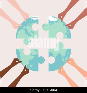 Hände von Menschen verschiedener Nationalitäten und Hauttöne, die Puzzleteile der Erdkugel zusammenfügen Stock Vektor