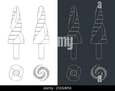 Stilisierte Vektorabbildungen von gestuften Bohrerbauplänen Stock Vektor