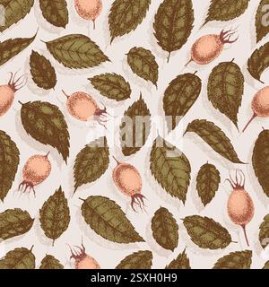 Wilde Rosenblüten Zeichnung und Zeichnung mit Pointillismus. Vintage-Muster von Zweigen mit Hagebuttenfrüchten und Blättern. Stock Vektor