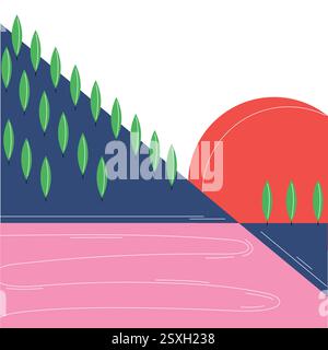 Eine minimalistische digitale Illustration mit stilisierter Landschaft. Grüne Bäume säumen einen Hügel, ein rosafarbener Fluss fließt darunter und eine große rote Sonne. Stock Vektor
