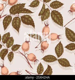 Wilde Rosenblüten Zeichnung und Zeichnung mit Pointillismus. Vintage-Muster von Zweigen mit Hagebuttenfrüchten und Blättern. Stock Vektor