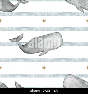 Vintage-cachalot-Wal mit nahtlosem Muster auf blauen Streifen. Grauer Pottwal mit Aquarelldruck. Handgezeichnete Illustrationen für Designtextilien Stockfoto
