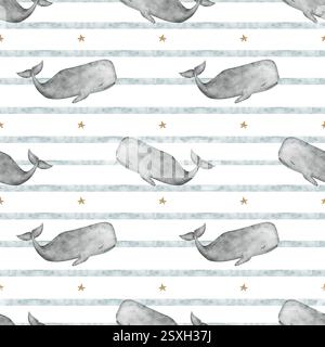 Muster Aquarell cachalot Grauwal auf blauen Streifen Sterne. Nahtloser Druck. Handgezeichnete Illustrationen Pottwal auf weißem Hintergrund für Design Stockfoto