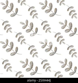 Alte Zweige mit Aquarellmuster und grauen Blättern. Nahtloser Sommerdruck. Handgezeichnete Illustrationen isolierter weißer Hintergrund für Designtextilien Stockfoto