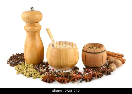Pfeffermühlen und Gewürzset isoliert auf weißem Hintergrund. Freier Platz für Text. Stockfoto