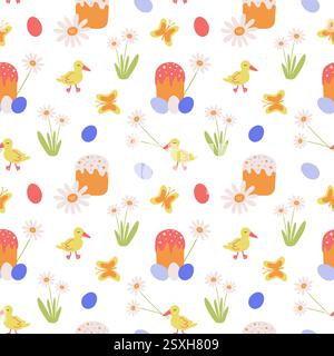 Nahtloses Ostermuster, süße Geschichte mit Kamillenblüten, Kuchen, farbigen Eiern, Schmetterlingen und Enten. Ein Druck für Textilien für Feiertage, Kinderkleidung, Geschenkpapier und Umschläge. Stock Vektor