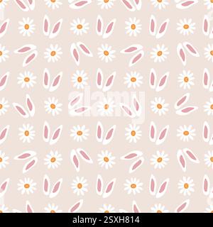Nahtloses Muster auf einem zarten Pastellhintergrund mit Kaninchenohren und Kamillenblüten. Textilien für Mädchen, Kinderkleidung, Stoff, Geschenkpapier, Tapeten. Minimalistischer Stil. Stock Vektor