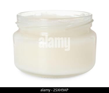 Bio-Kokos-Kochöl in Glasgefäß isoliert auf weiß Stockfoto