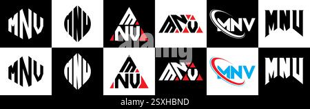 MNV-Letter-Logodesign im Six-Stil. MNV-Polygon, Kreis, Dreieck, Sechseck, flach und schlicht mit schwarz-weißem Schriftzug Stock Vektor