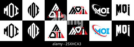 MOI Letter-Logo im 6er-Stil. MOI-Polygon, Kreis, Dreieck, Sechseck, flach und schlicht mit schwarz-weißem Schriftzug Stock Vektor