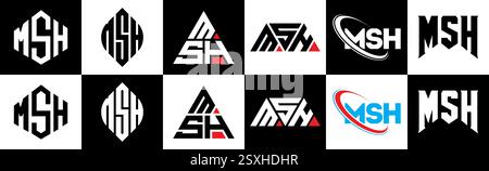 MSH Letter-Logo im 6er-Stil. MSH Polygon, Kreis, Dreieck, Sechseck, flach und schlicht mit schwarz-weißem Schriftzug Stock Vektor