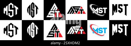 MST Letter Logo im 6er-Stil. MST Polygon, Kreis, Dreieck, Sechseck, flach und einfach mit schwarz-weißem Buchstaben-Logo in verschiedenen Farben Stock Vektor