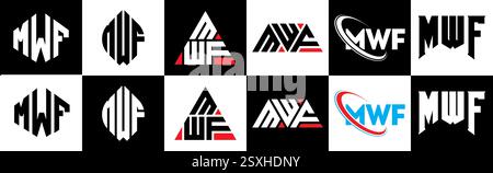 MWF Letter Logodesign im 6er-Stil. MWF-Polygon, Kreis, Dreieck, Sechseck, flach und schlicht mit schwarz-weißem Schriftzug Stock Vektor
